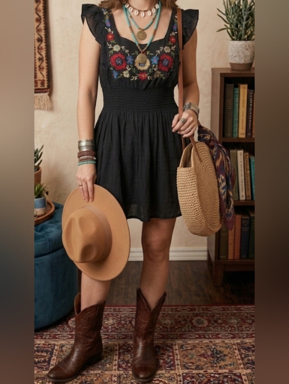 Boho Embroidered Black Dress